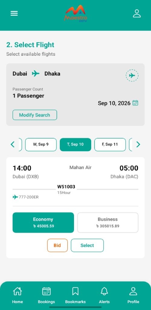 Maestro Aero - Flight Selection & Bid Screen